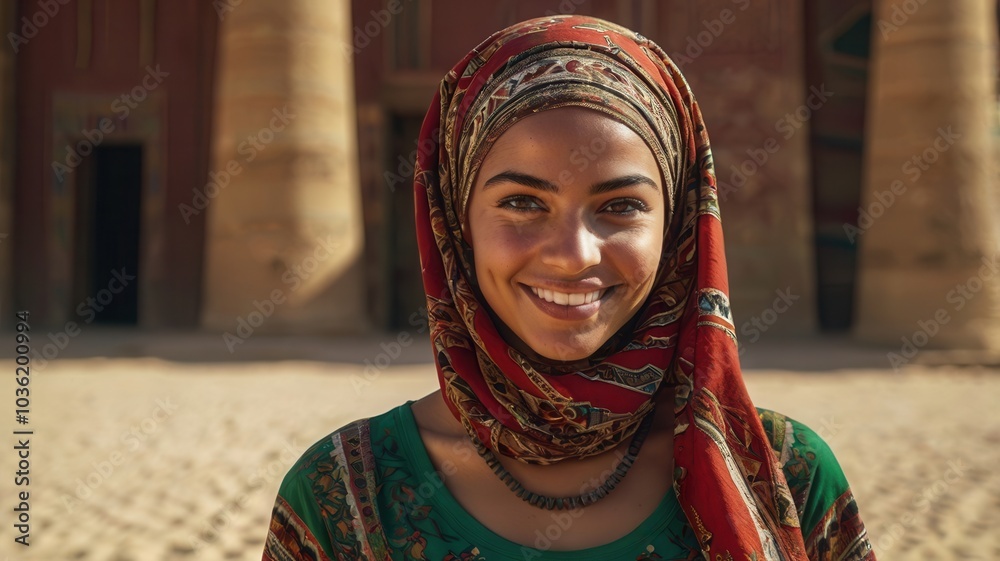 Woman in Traditional Hijab with Sand and Desert Structures Woman in Traditional Hijab with Sand and Desert Structures