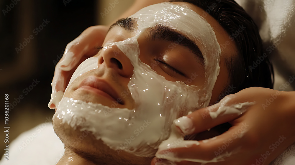 A man is getting a facial with a woman applying a white mask to his face A man is getting a facial with a woman applying a white mask to his face