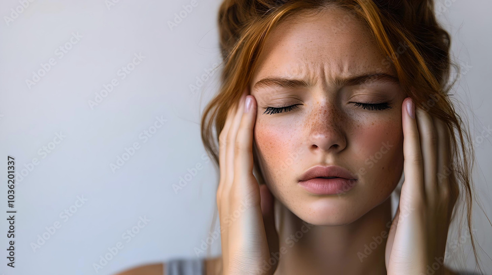 Woman holding head in pain, experiencing headache
Woman holding head in pain, experiencing headache