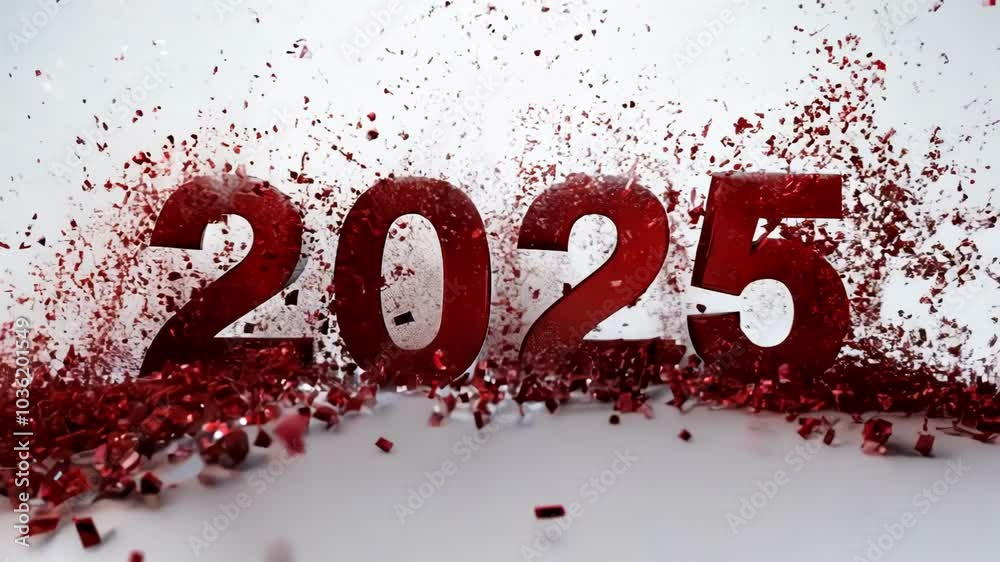 Red 2025 text exploding in dust, marking the start of the new year in a dramatic, celebratory style. Symbolizes new beginnings and the excitement of future events. Red 2025 text exploding in dust, marking the start of the new year in a dramatic, celebratory style. Symbolizes new beginnings and the excitement of future events.