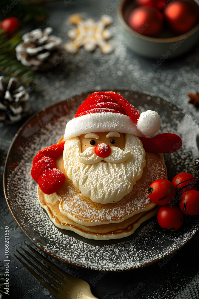 Delicious kids dessert for christmas Sanata claus pancakes. High quality photo Delicious kids dessert for christmas Sanata claus pancakes. High quality photo