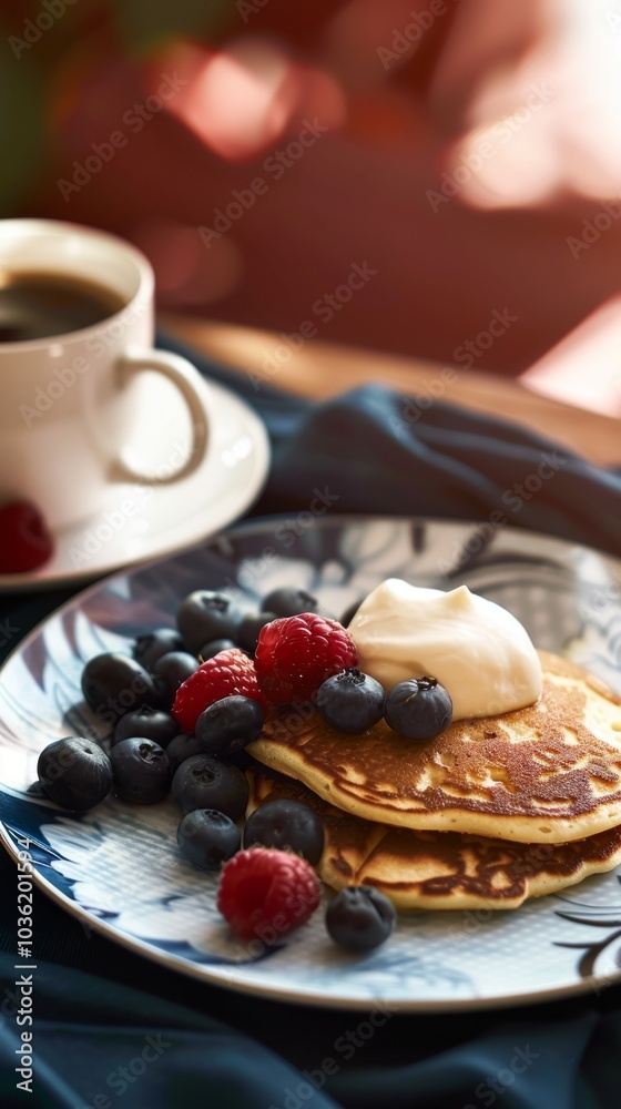 Pancakes topped with cream and berries sit on a plate beside a coffee cup. Concept breakfast or brunch theme. For food blogs or breakfast restaurant ads Pancakes topped with cream and berries sit on a plate beside a coffee cup. Concept breakfast or brunch theme. For food blogs or breakfast restaurant ads