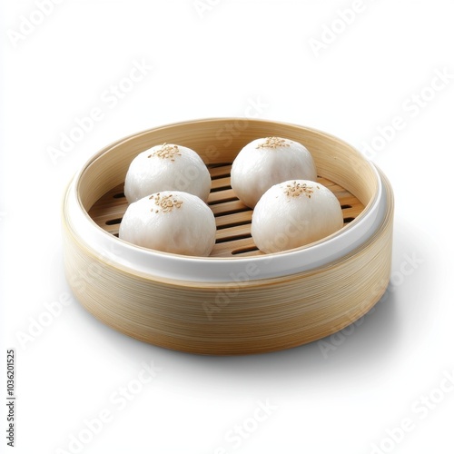 Steamed Dumplings in Bamboo Steamer on White Background