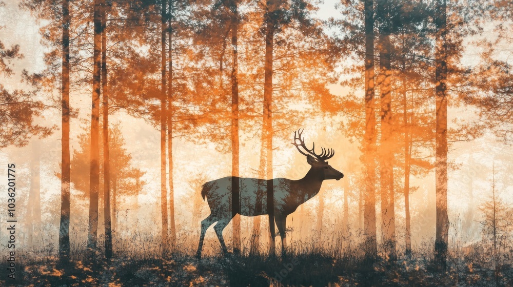 Fototapeta premium A silhouette of a deer in a misty forest during sunset, showcasing nature's beauty.
