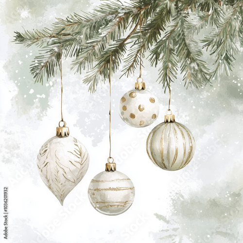 Watercolor image of vintage Christmas ornaments
