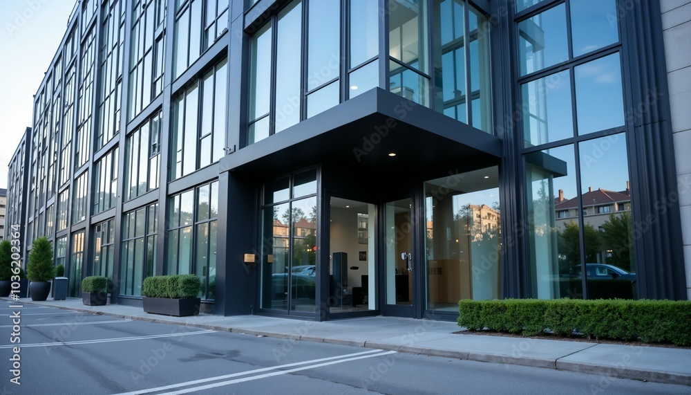 Contemporary bank building with large glass entrance and modern design elements Contemporary bank building with large glass entrance and modern design elements
