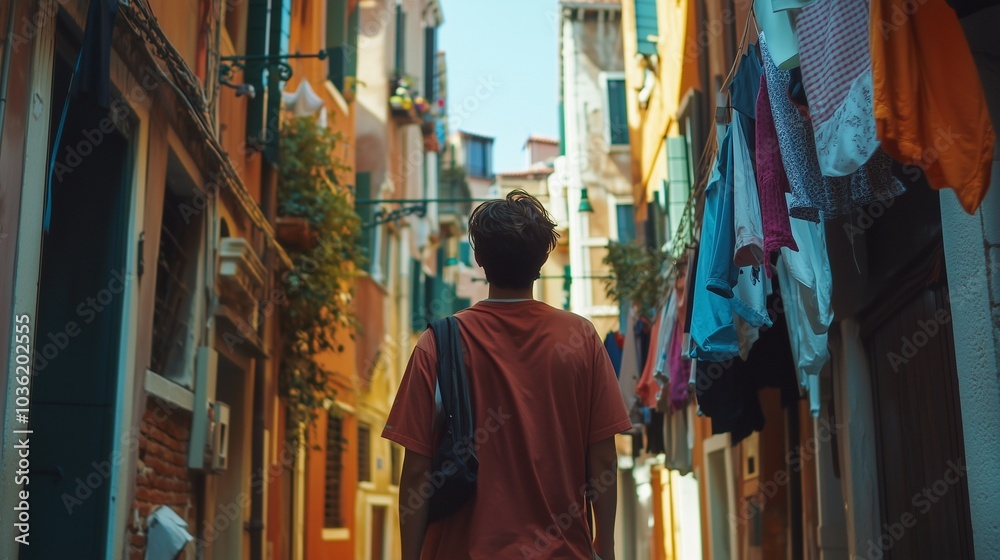 Naklejka premium A traveler exploring the narrow alleys of Venice, with colorful buildings and hanging laundry