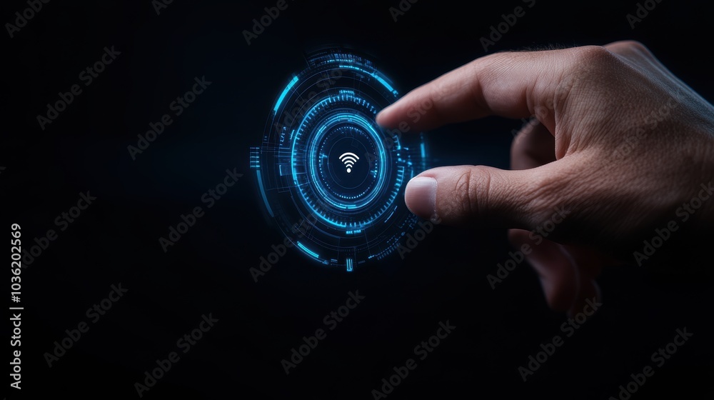 Human finger pressing futuristic interface with WiFi icon. Technology and connectivity concept. Human finger pressing futuristic interface with WiFi icon. Technology and connectivity concept.