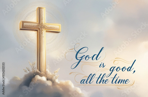 A golden cross set against a cloudy sky with a quote about God's constant goodness