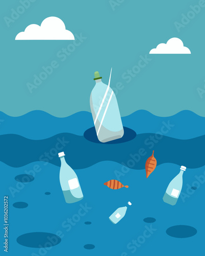 Floating plastic bags and bottles cover the surface of the reservoir making it almost unrecognizable as a water source.. Vector illustration
