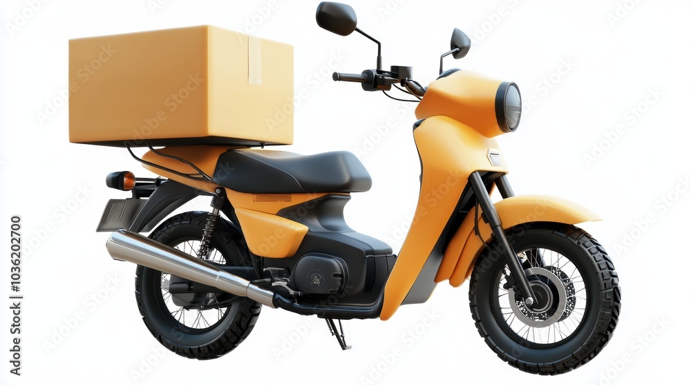 Obraz premium Yellow delivery scooter with cargo box isolated on white background.