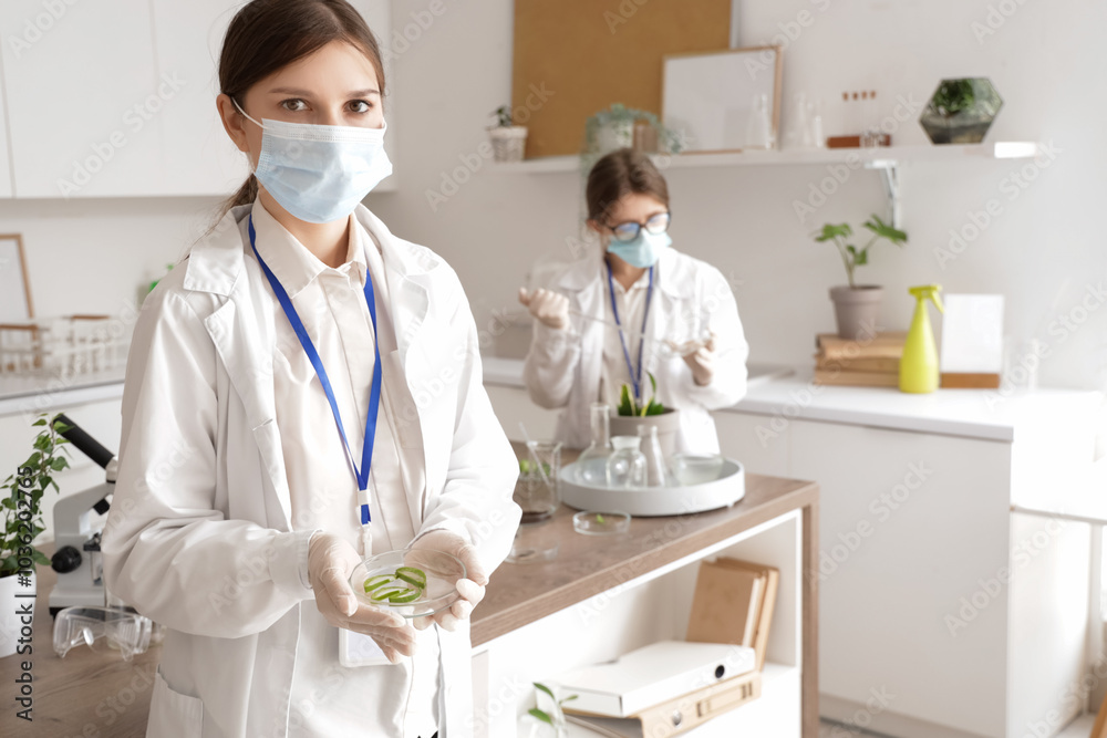 Female scientist holding Petri dish with plant sample in laboratory Female scientist holding Petri dish with plant sample in laboratory