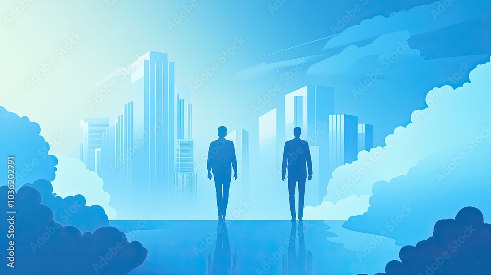 Two businessmen walking in futuristic cityscape with blue tones Two businessmen walking in futuristic cityscape with blue tones