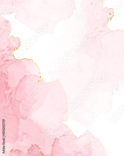 Blush pink watercolor fluid painting vector design card. Dusty rose and golden marble geode frame. Spring wedding invitation. Petal or veil texture. Dye splash style. Alcohol ink.Isolated and editable