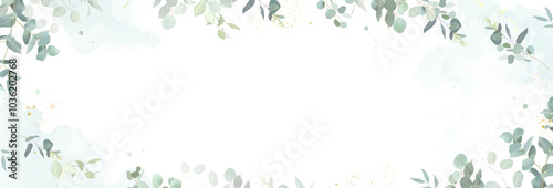 Herbal eucalyptus and gold vector banner frame. Hand painted branches, leaves on white background. Greenery wedding simple minimalist invitation. Watercolor card.All elements are isolated and editable