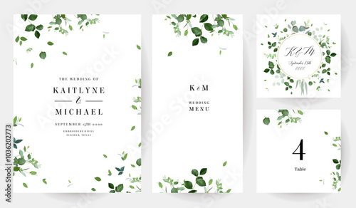 Herbal minimalist vector banners. Hand painted plants, branches, leaves on a white backgrounds. Greenery wedding simple templates. Watercolor style cards. All elements are isolated and editable