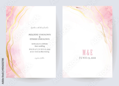 Blush pink watercolor fluid painting vector design card. Dusty rose and golden marble geode frame. Spring wedding invitation. Petal or veil texture. Dye splash style. Alcohol ink.Isolated and editable