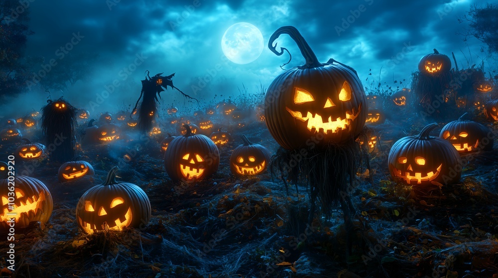 Naklejka premium Halloween pumpkins in the forest at night. 3D rendering. 