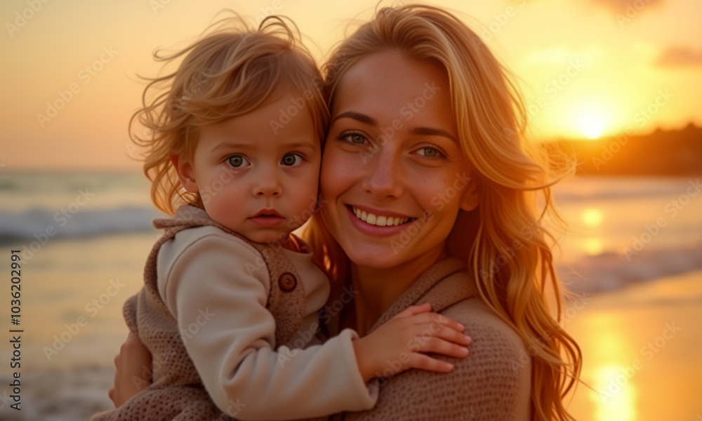 Mother and daughter on the beach at sunset. Happy family concept.
Mother and daughter on the beach at sunset. Happy family concept.