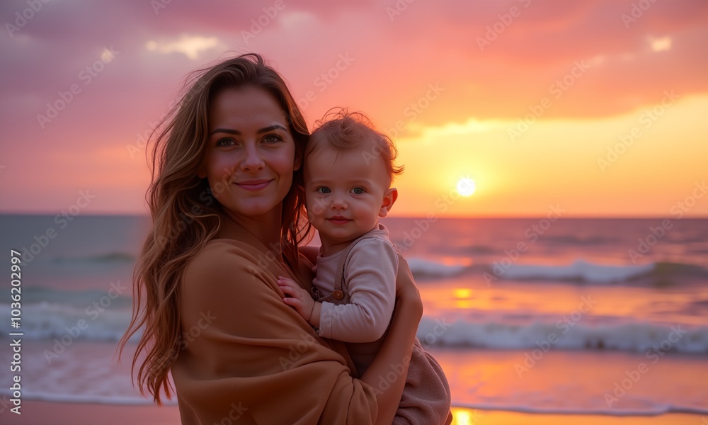 Happy mother with her baby on the beach at sunset. Maternity concept.
Happy mother with her baby on the beach at sunset. Maternity concept.