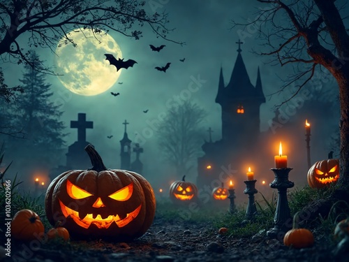 Halloween background with pumpkins and cemetery at night with full moon.
