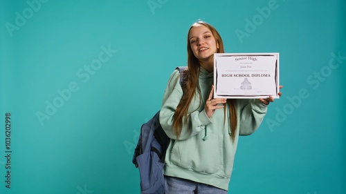 Fotografie Portrait of smiling student holding high school diploma, celebrating passing classes with high marks, attending graduation ceremony