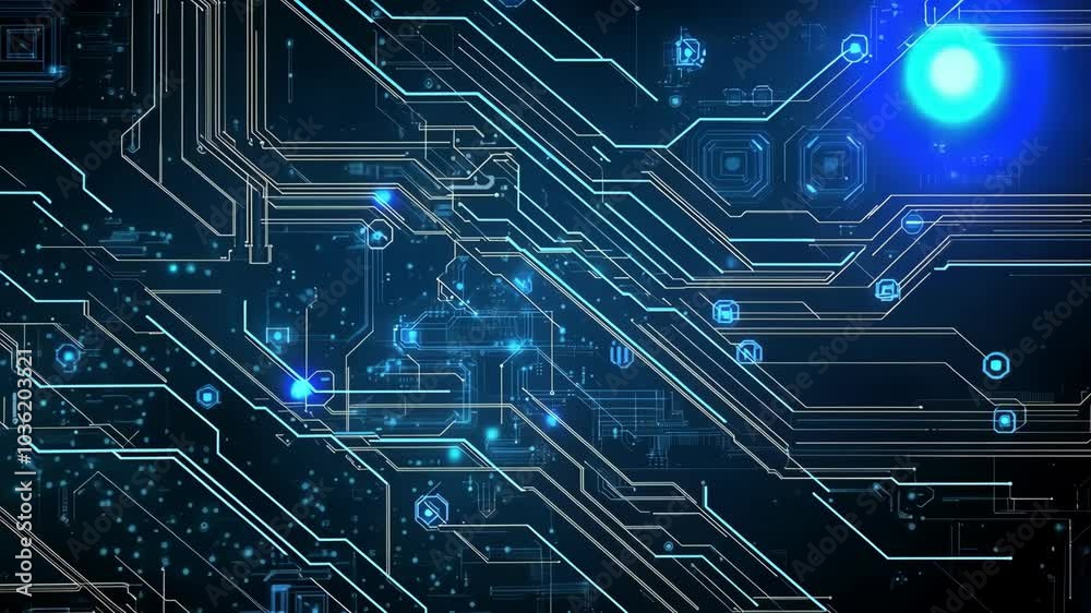 A blue digital circuit board with glowing lights on a dark background A blue digital circuit board with glowing lights on a dark background
