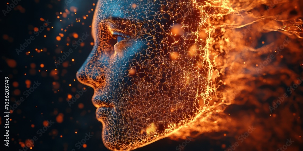 A digital rendering of a human face engulfed in flames, with a background of sparks. A digital rendering of a human face engulfed in flames, with a background of sparks.
