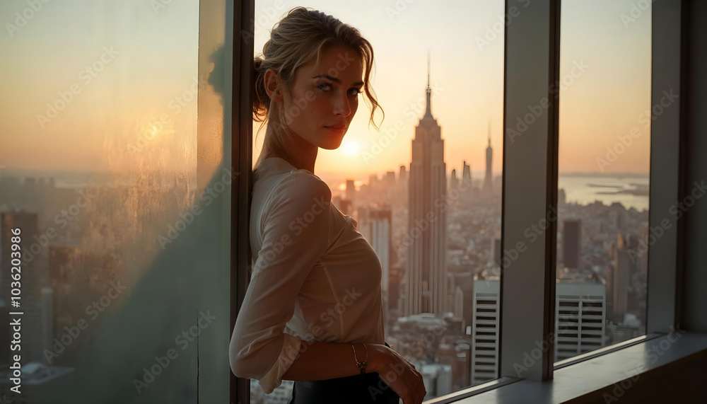Elegant female model, posed by a glass wall with a view of skyline Elegant female model, posed by a glass wall with a view of skyline