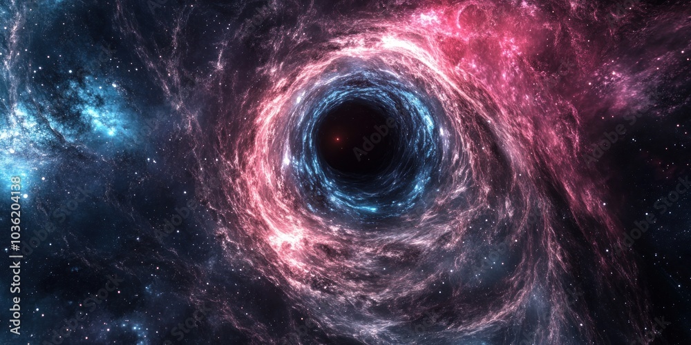 A swirling vortex of gas and dust surrounding a black hole in deep space. A swirling vortex of gas and dust surrounding a black hole in deep space.