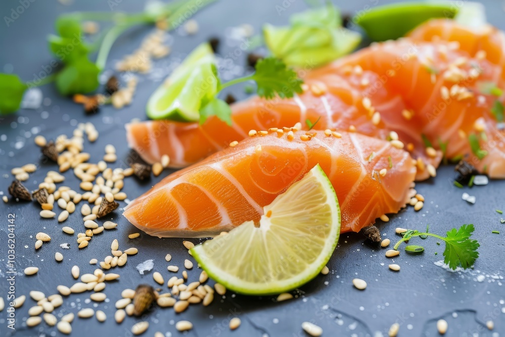 Sliced salmon with lime, sesame seeds, and herbs arranged on a dark surface. Concept is fresh seafood presentation. For food photography or menu design Sliced salmon with lime, sesame seeds, and herbs arranged on a dark surface. Concept is fresh seafood presentation. For food photography or menu design