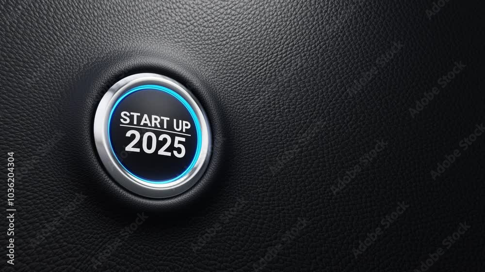 Start up 2025 push button. Planning, start, vision, career path, business strategy, opportunity and change concept. 2025 start modern car button with blue shine. 4K 3D loop animation