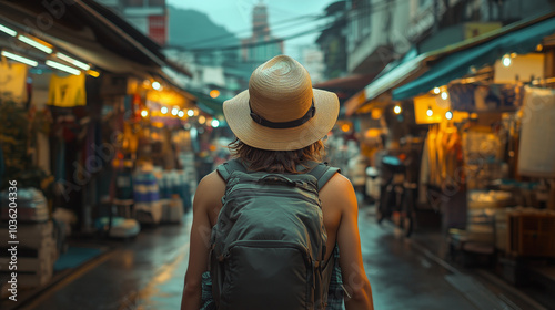 A solo traveler with a backpack and hat walks through a lively, illuminated street market. The scene captures the vibrant energy of a bustling Asian city. photo