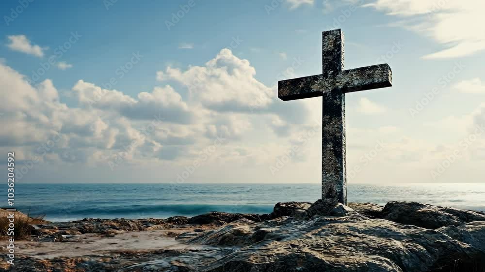 A weathered cross stands tall on a rocky cliff overlooking the ocean, under a bright, cloud-filled sky A weathered cross stands tall on a rocky cliff overlooking the ocean, under a bright, cloud-filled sky