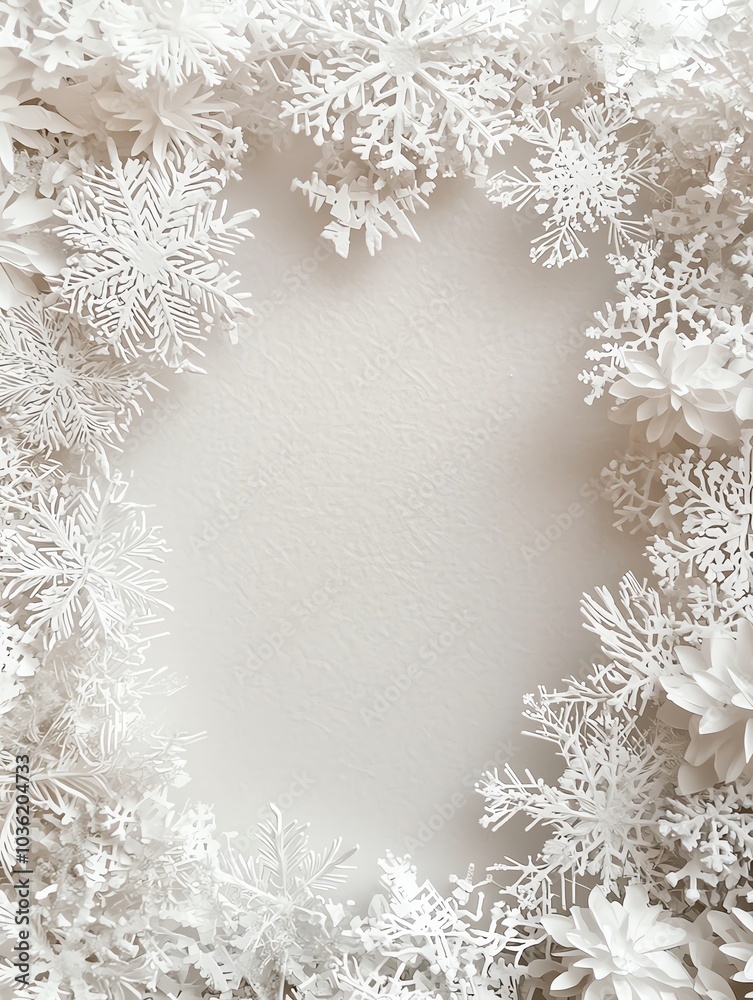 Ethereal white frame, border of translucent snowflakes concealing hidden messages Ethereal white frame, border of translucent snowflakes concealing hidden messages