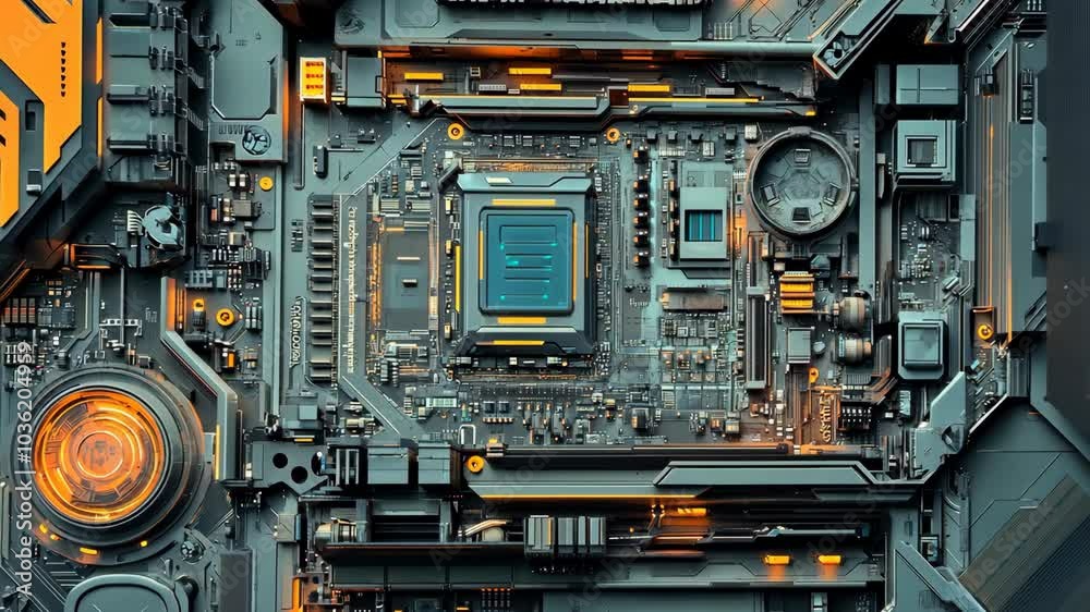 A close-up view of a computer motherboard with a large CPU and intricate circuitry
