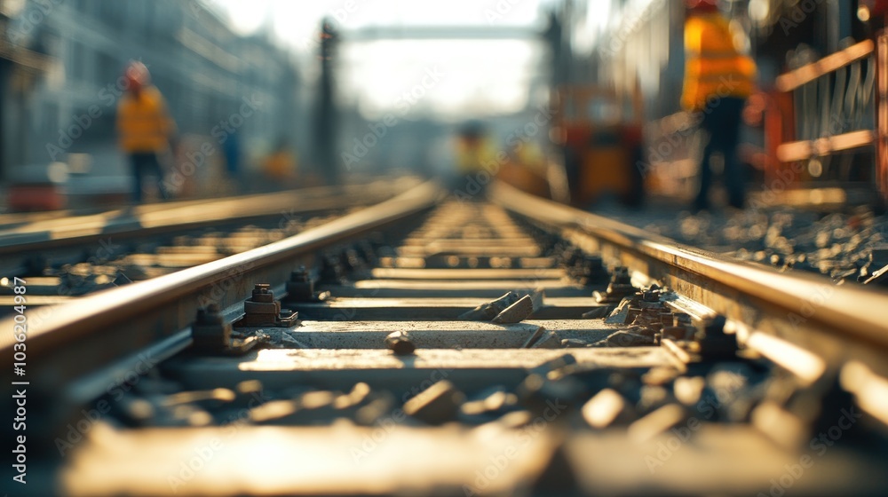 Low-angle view of railway tracks with workers in the background during a sunny day. Low-angle view of railway tracks with workers in the background during a sunny day.