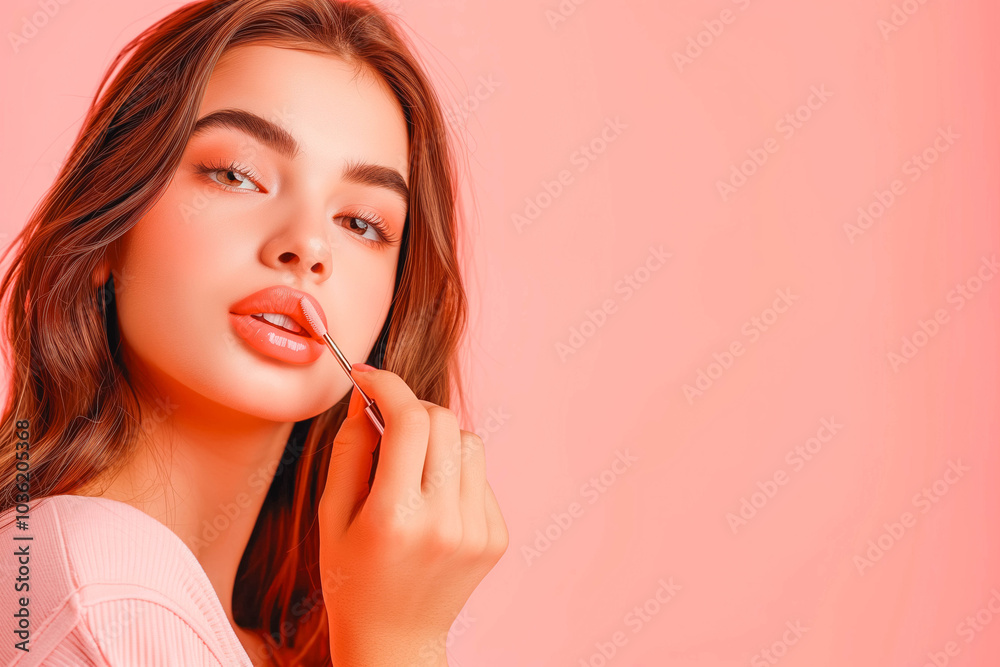 Portrait of a beautiful young woman applying pink lip colors to her cute pout lips with a luxury pink lipstick isolated on pink background, with copy space, close up Portrait of a beautiful young woman applying pink lip colors to her cute pout lips with a luxury pink lipstick isolated on pink background, with copy space, close up