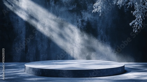 A circular platform sits quietly in a calming blue setting, gently lit by soft beams of light that filter through. The atmosphere is peaceful, enhanced by muted shadows and a touch of nature.