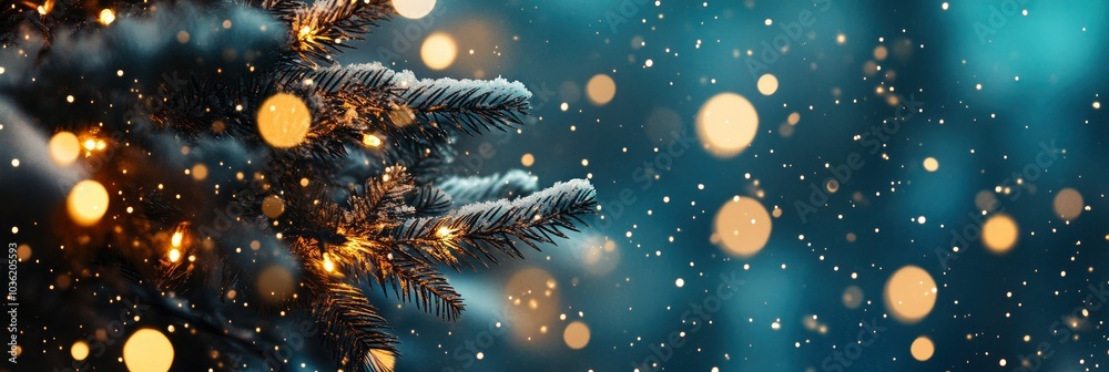 Christmas Winter background with Christmas tree in snow and magic bokeh lights - xmas panorama, banner , header with copy space - Winter Landscape abstract, ai Christmas Winter background with Christmas tree in snow and magic bokeh lights - xmas panorama, banner , header with copy space - Winter Landscape abstract, ai
