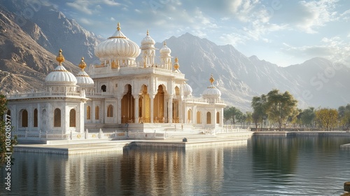 A grand Sikh gurdwara with glistening white marble domes and intricate carvings, exuding a sense of peace and spiritual grandeur