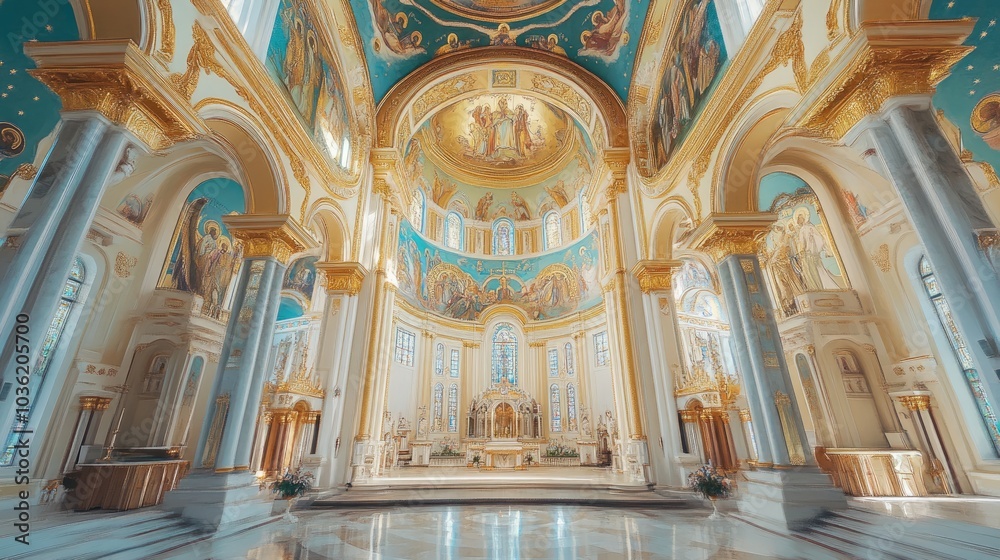 Obraz premium A majestic Eastern Orthodox church with golden domes and detailed frescoes, representing the spiritual depth and beauty of religious tradition