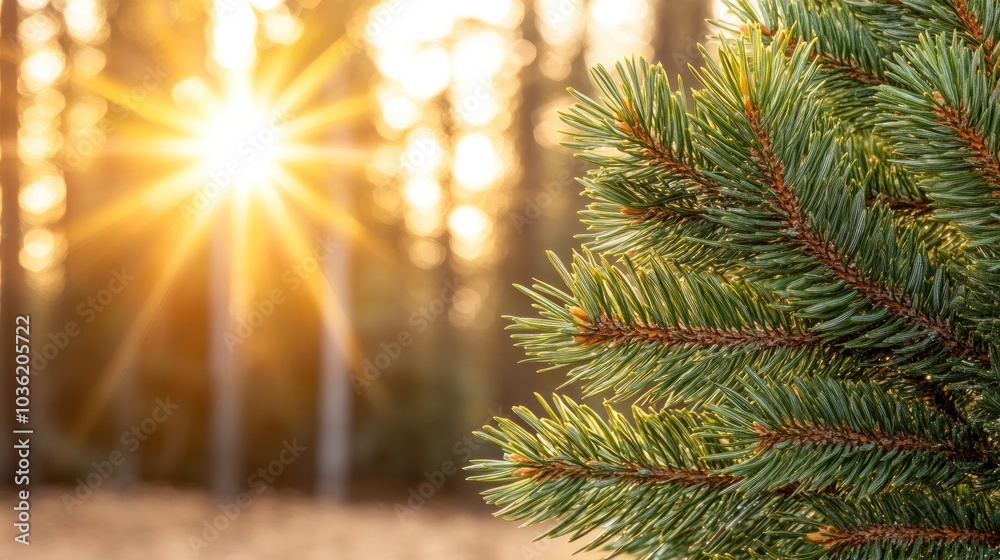 A fir tree branch with vibrant green needles glimmers in the sunlight, surrounded by a blurred forest background, evoking a peaceful atmosphere A fir tree branch with vibrant green needles glimmers in the sunlight, surrounded by a blurred forest background, evoking a peaceful atmosphere