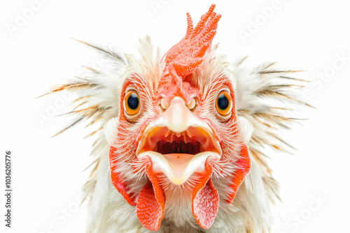 Portrait of a funny chickens, closeup, isolated on white background