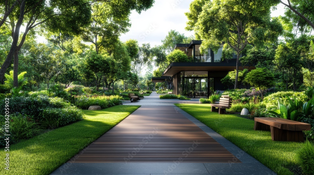 Green Pedestrian Boulevard with Lush Trees and Benches Green Pedestrian Boulevard with Lush Trees and Benches