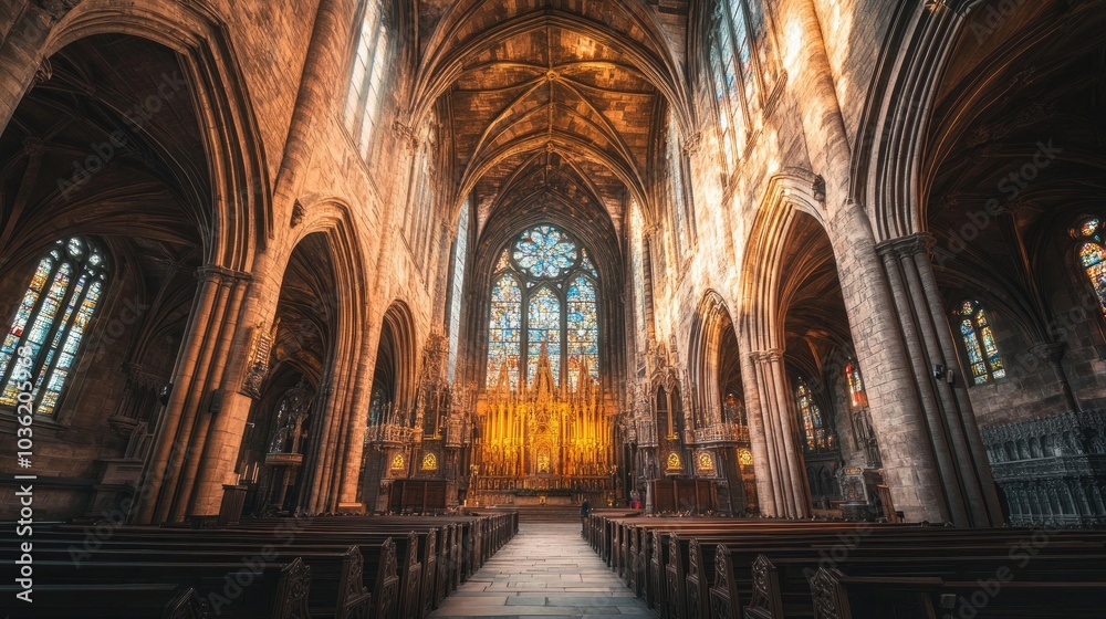 Fototapeta premium A stunning ancient cathedral with soaring stained glass windows and grand stone arches, radiating elegance and reverence