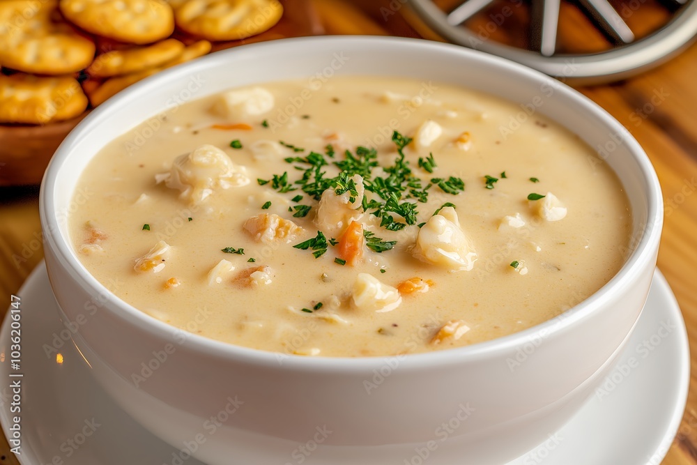A Bowl of Clam Chowder With Oyster Crackers, Served in a Rustic Restaurant, Food Photography, Food Menu Style Photo Image A Bowl of Clam Chowder With Oyster Crackers, Served in a Rustic Restaurant, Food Photography, Food Menu Style Photo Image