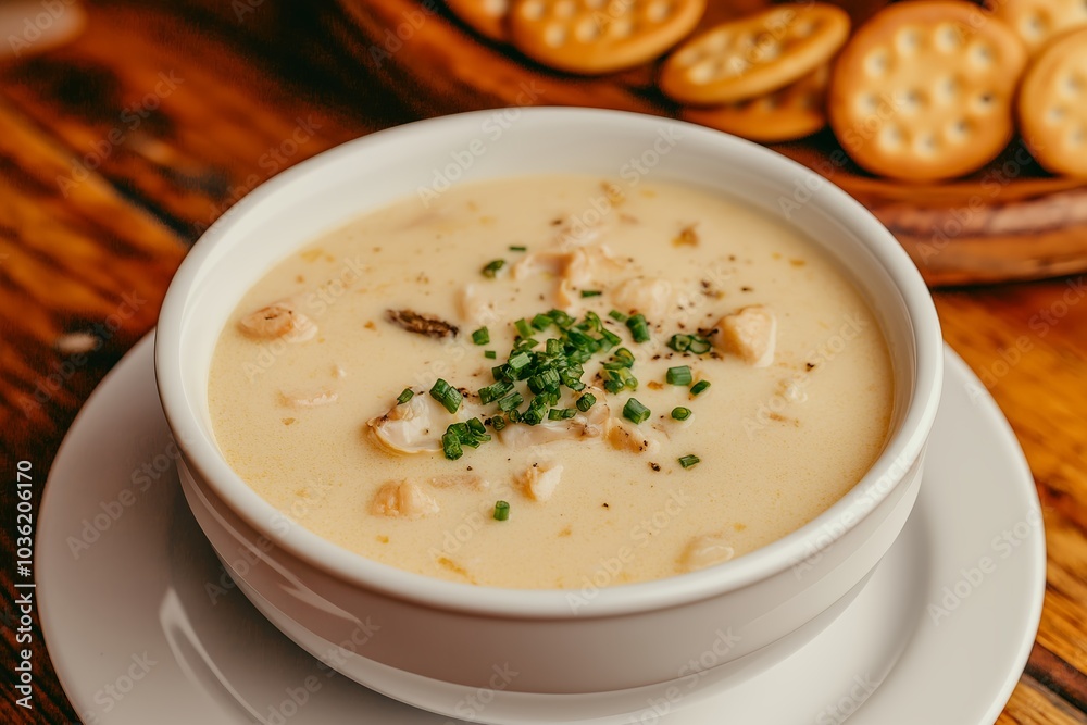 A Bowl of Clam Chowder With Oyster Crackers, Served in a Rustic Restaurant, Food Photography, Food Menu Style Photo Image A Bowl of Clam Chowder With Oyster Crackers, Served in a Rustic Restaurant, Food Photography, Food Menu Style Photo Image