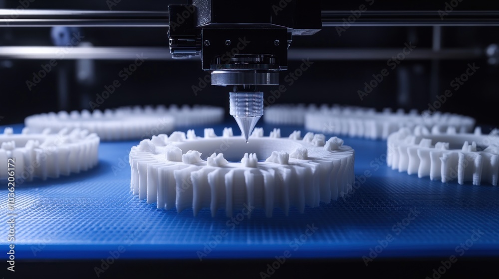 A 3D printer creating intricate white components on a blue surface. A 3D printer creating intricate white components on a blue surface.