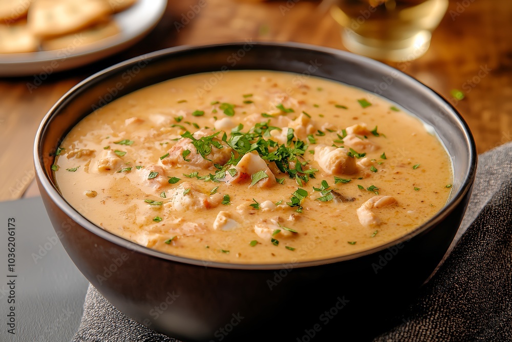 A Bowl of Clam Chowder With Oyster Crackers, Served in a Rustic Restaurant, Food Photography, Food Menu Style Photo Image A Bowl of Clam Chowder With Oyster Crackers, Served in a Rustic Restaurant, Food Photography, Food Menu Style Photo Image